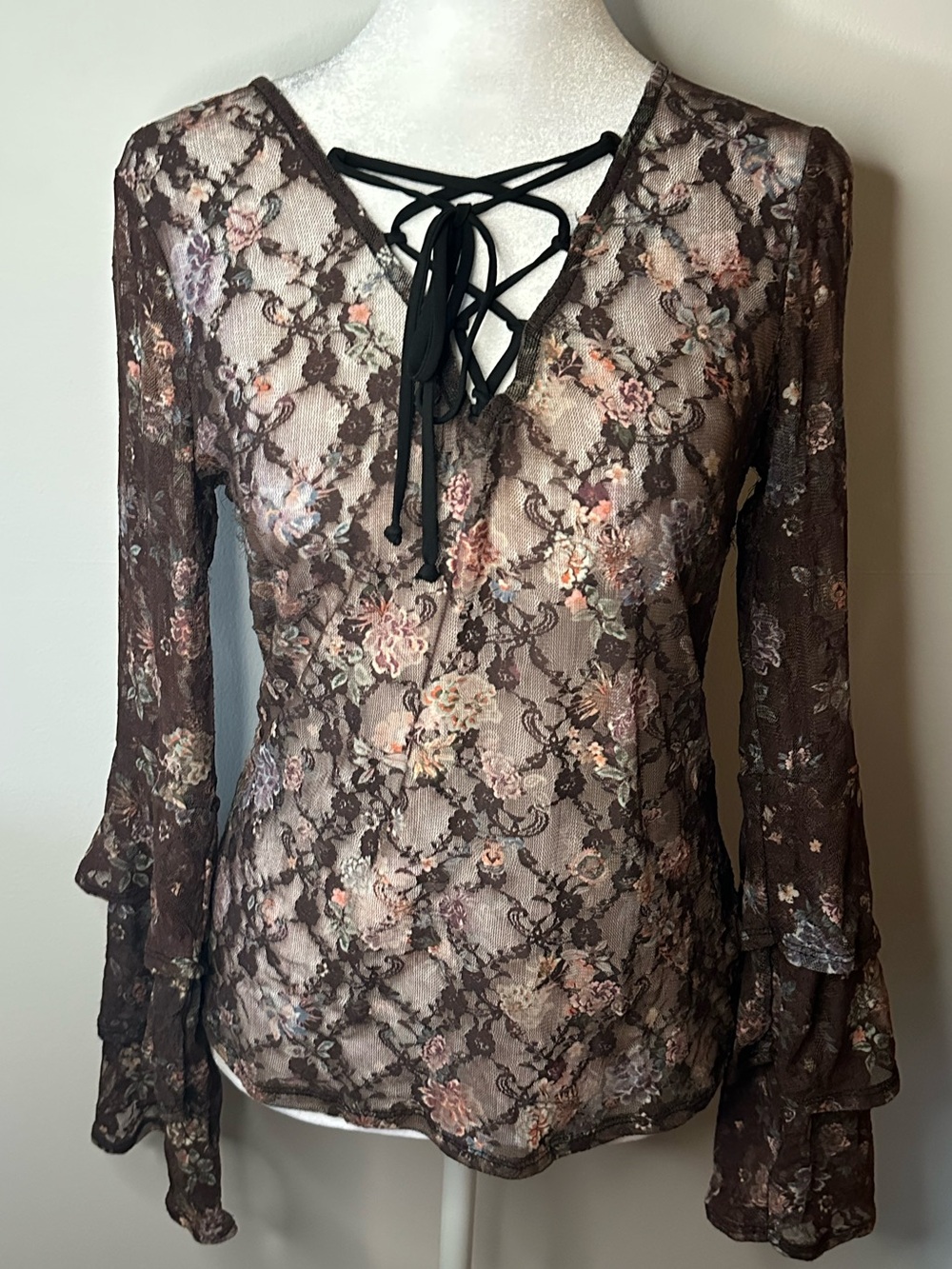 Takara Floral Lace Front Mesh Chic Essential Stylish Long Sleeve Top- Women’s